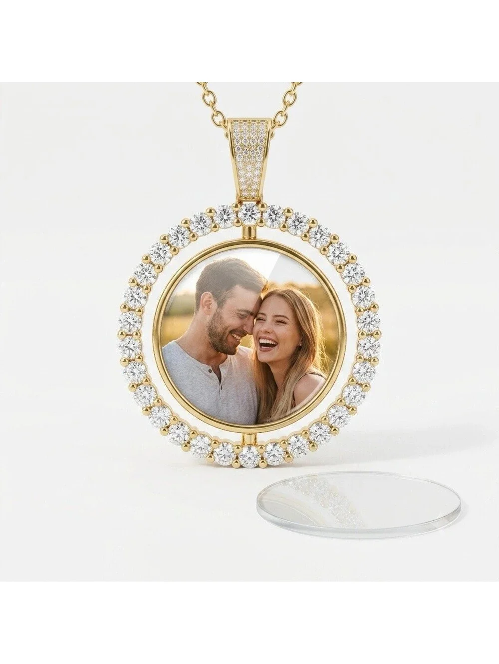 Gold Plated Coin Bezel Pendant Iced Out Rhinestone Medallion with Crystals